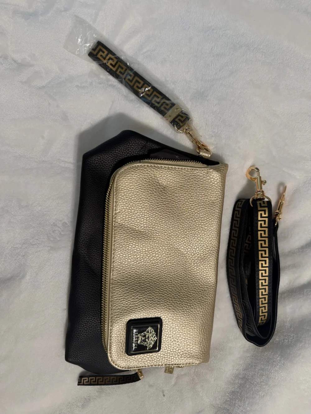 Versace Parfums Metallic Gold and Black Crossbody with Detachable Strap